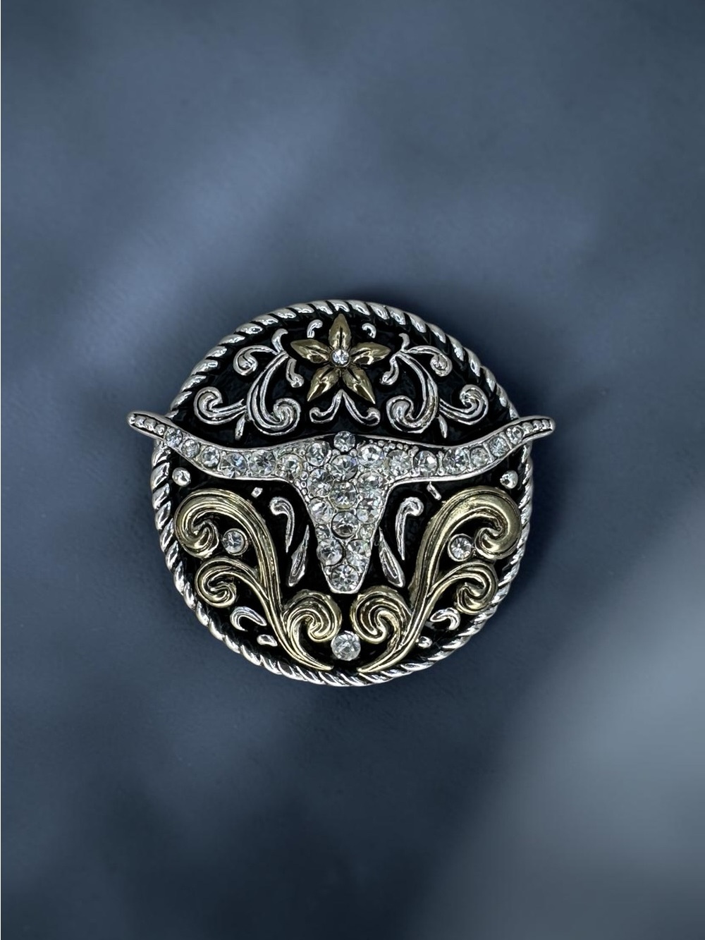 Western Longhorn Bull Rhinestone Statement Pendant Silver Gold Tone 2”